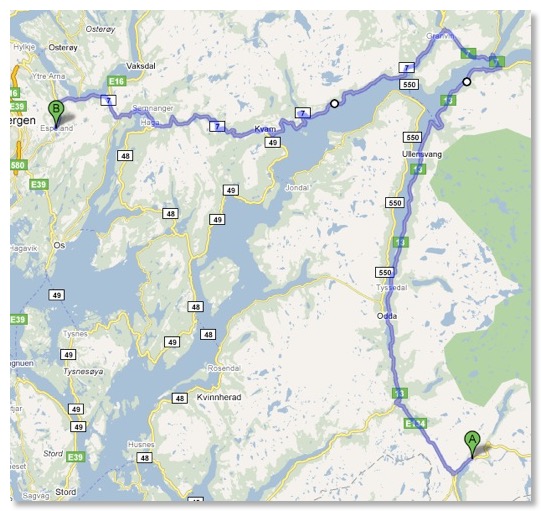 Itineraire Roldal Bergen